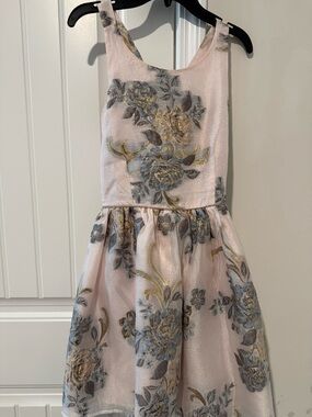 Girls Pink Floral Party Dress with Gold Floral Detail